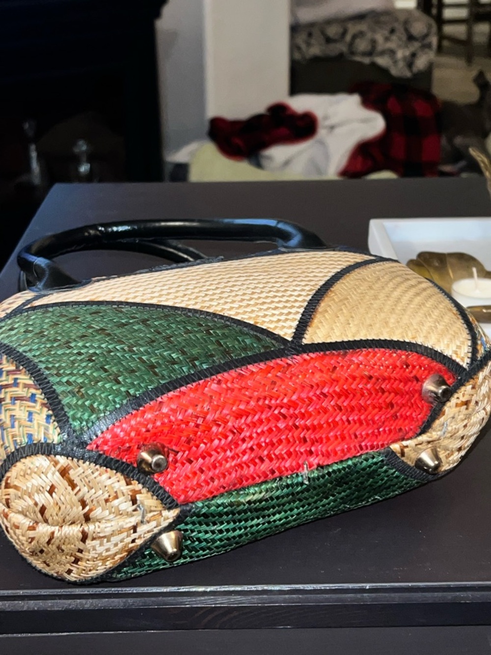 Vintage Woven Straw Accent Satchel - Red, Tan & Black - Picture 4 of 7